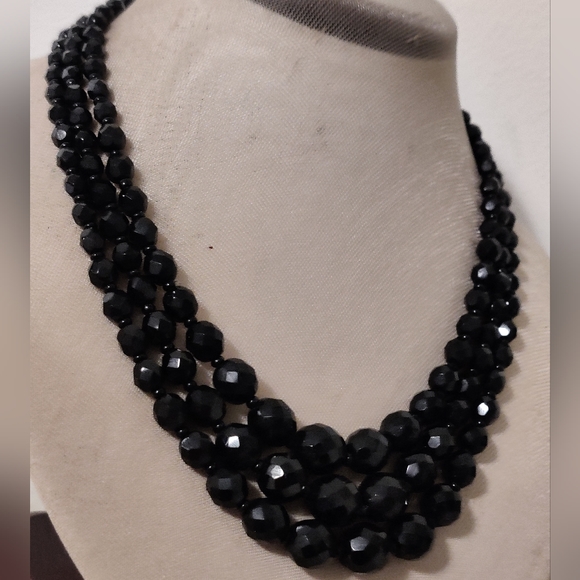 Vintage 60s Jet Black Crystal Graduated Triple Stand Necklace - Picture 12 of 13
